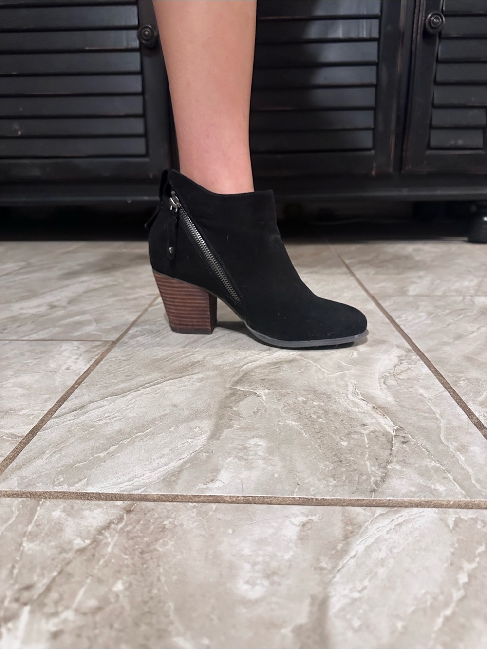 Suede Black Ankle Bootie with Stacked Heel